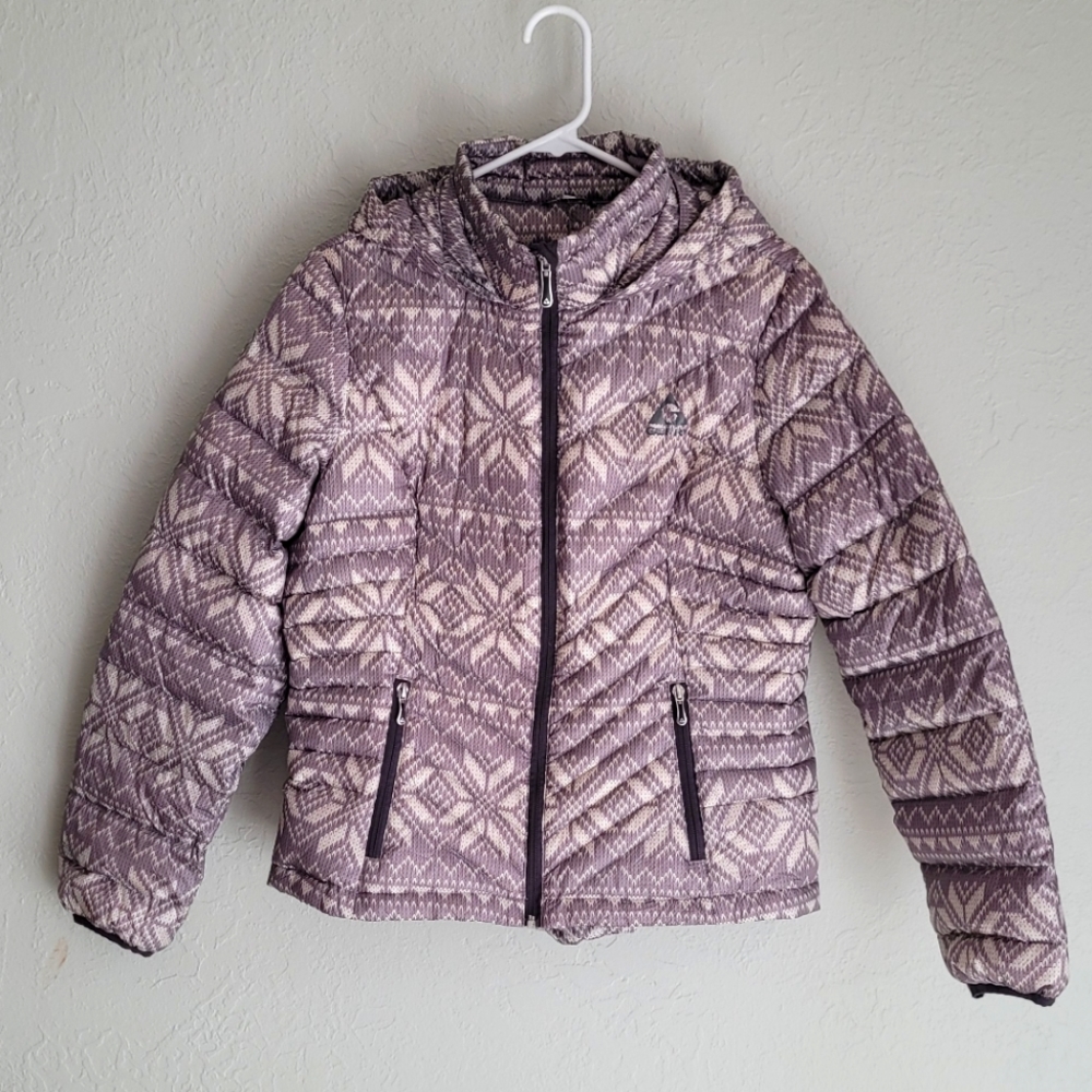 Gerry Women's Sz Large Lightweight Puffer Coat, Gray & White Nordic Star Design